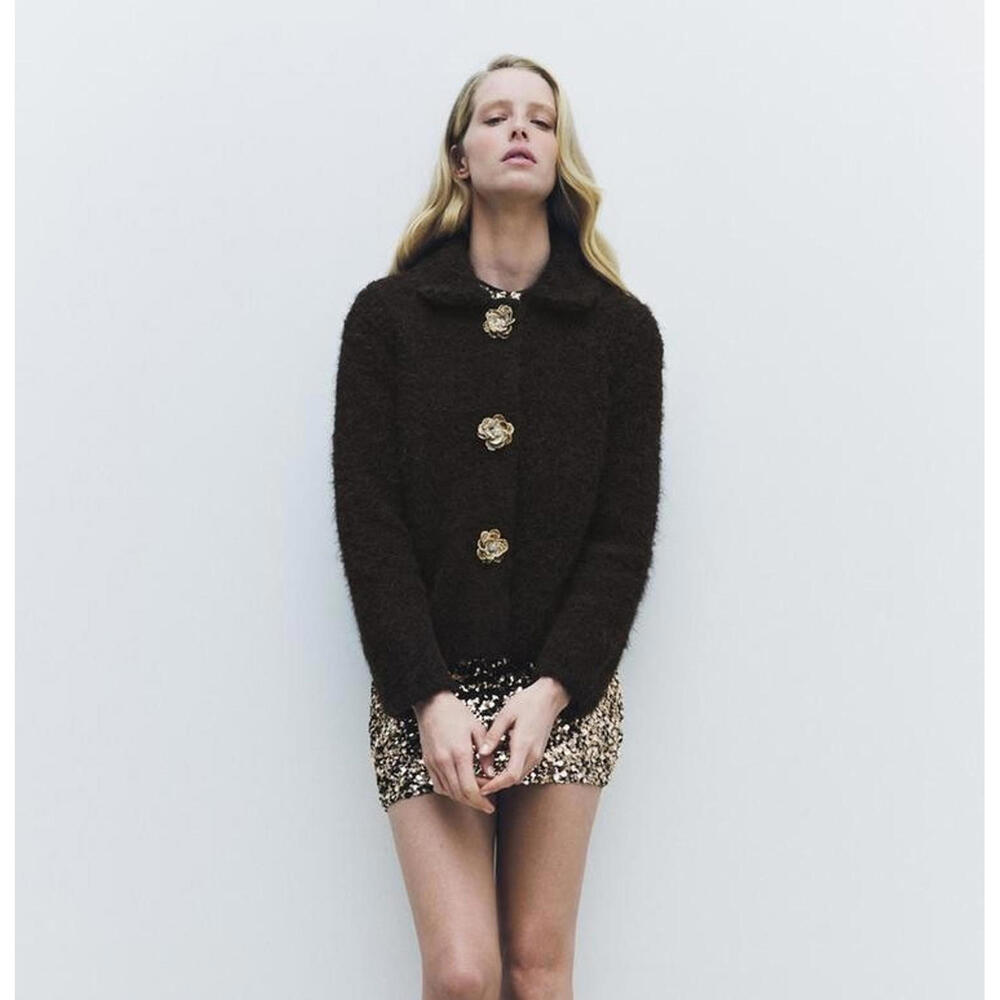 Zara Dark Brown Cardigan with Gold Accents